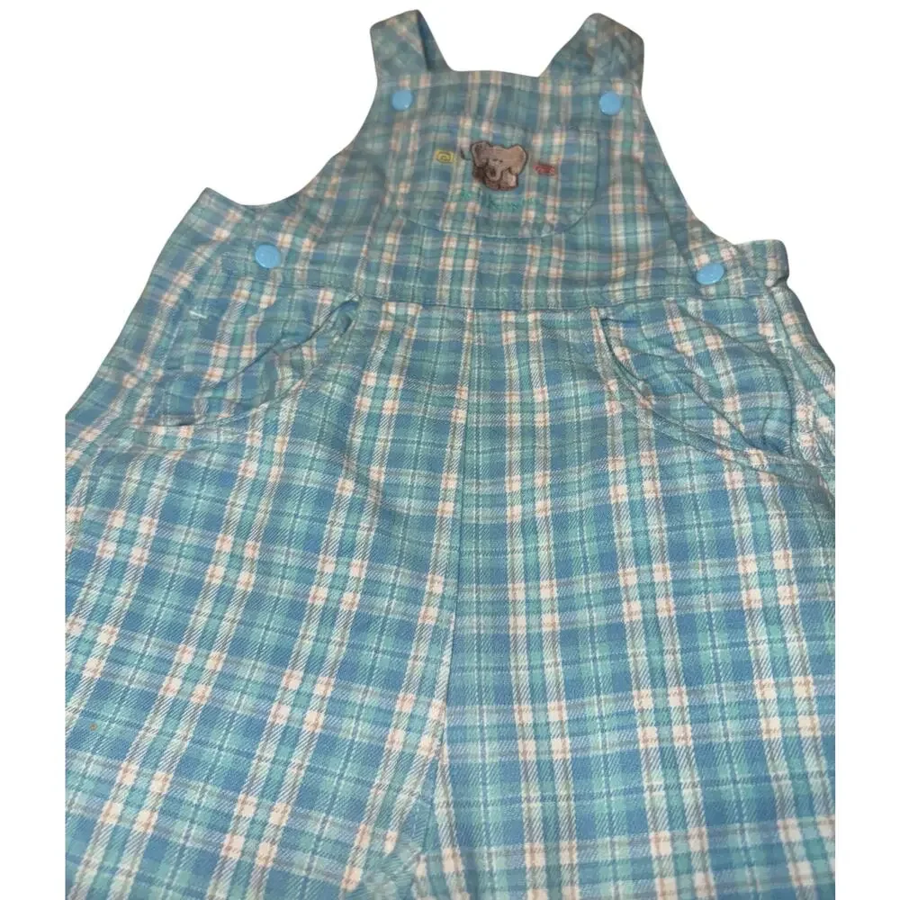 Vintage OshKosh Baby Overalls 90s Plaid Blue Embroidered Elephant Sz 6-9 Mon Y2K